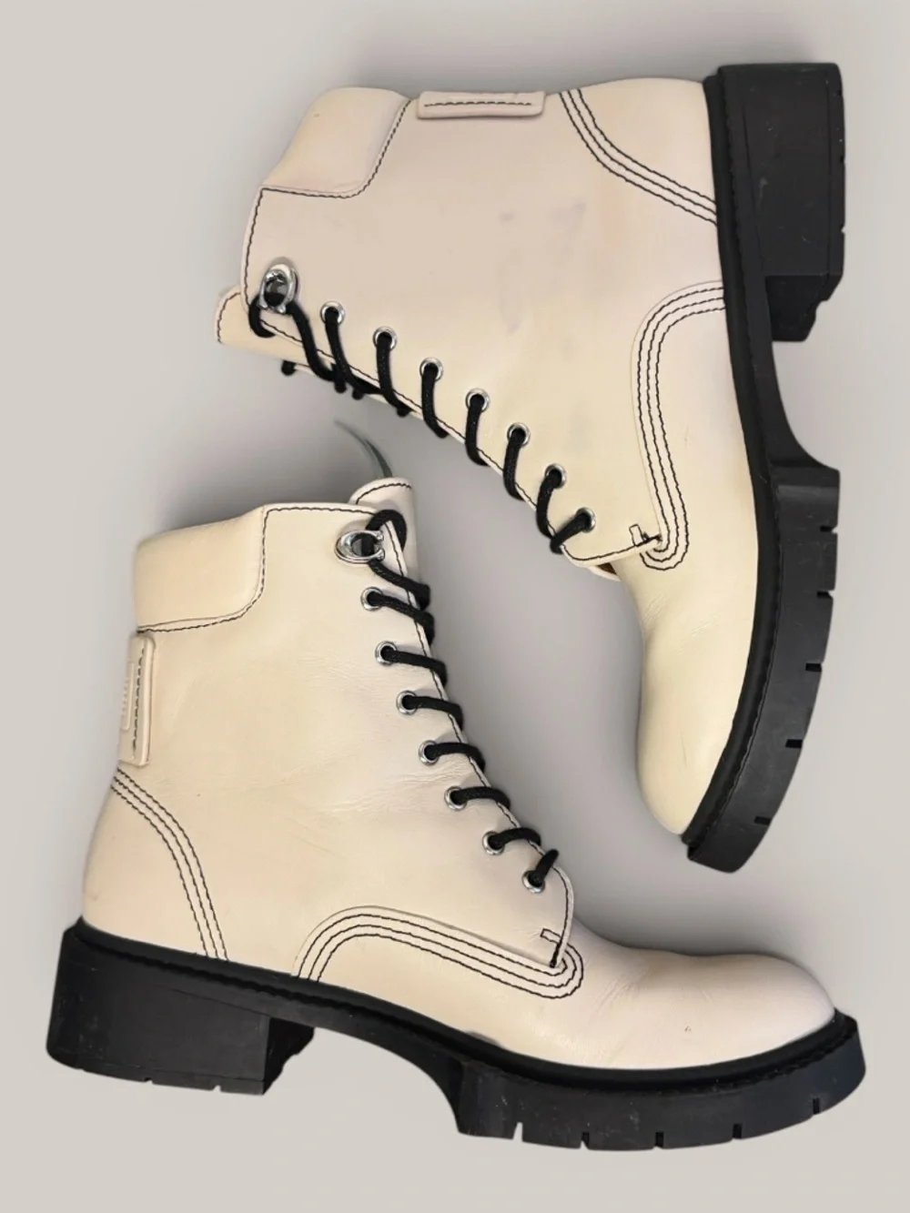 COACH Lorimer Lace Up Lug Sole Combat Leather Booties  Chalk Sz 6
